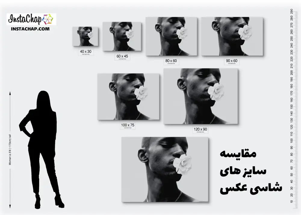 مقایسه یی از سایز های شاسی عکس در کنار خانمی با قد 173 سانتی متر